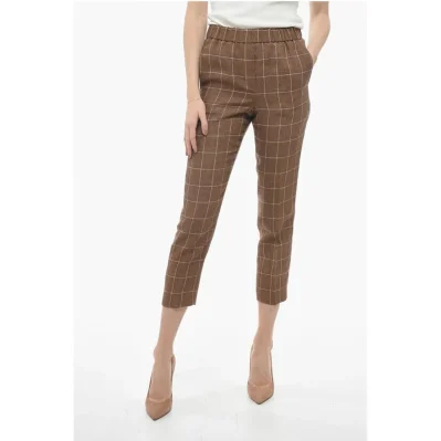 Windowpane Check Flax Pants with Elastic Waistband