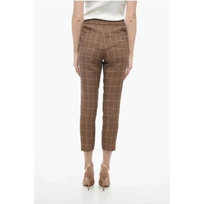 Windowpane Check Flax Pants with Elastic Waistband