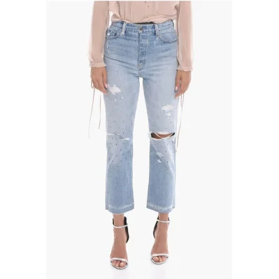 Cropped Fit Distressed Denims with Crystals 20cm