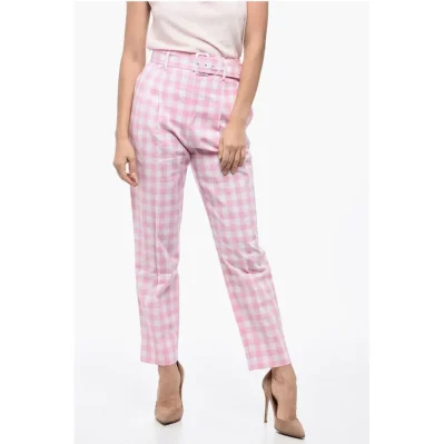 Single-pleated Vichy Cotton Pants with Belt