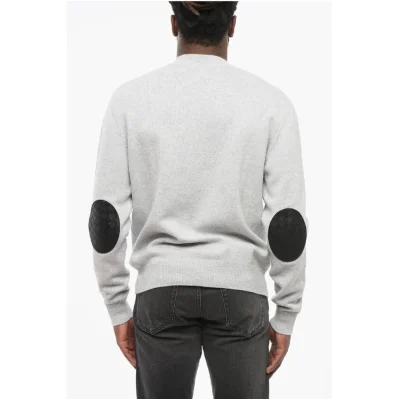 Crew Neck Cashmere Blend Sweater with Leather Patches