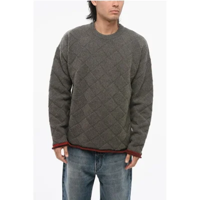 Jacquard Wool Blend Crew Neck Pullover with Contrasting Hems
