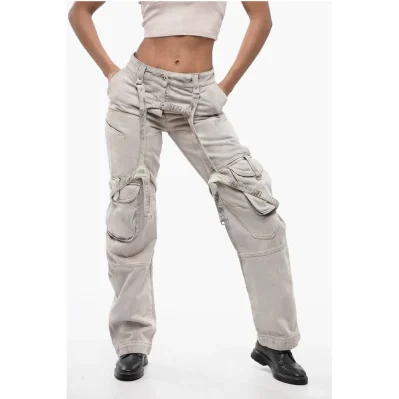 Bleached Effect Baggy Fit Cargo Pants with Harness-Style Det