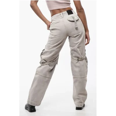 Bleached Effect Baggy Fit Cargo Pants with Harness-Style Det