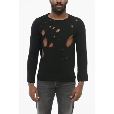BLACK Crew Neck Distressed Wool Pullover