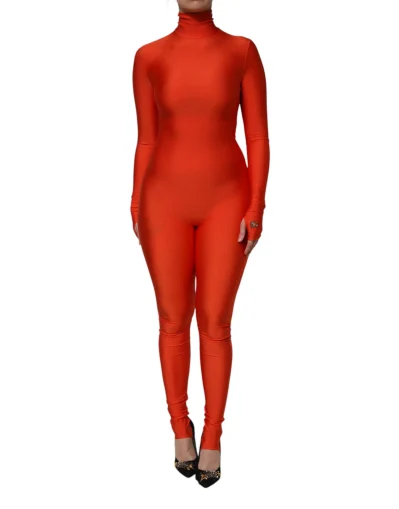 Red Nylon Turtleneck Bodycon Jumpsuit Dress