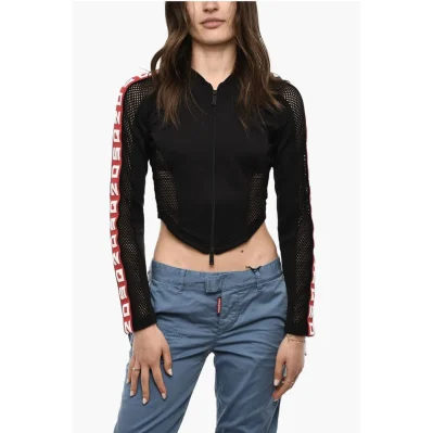 Cropped Zipped Sweatshirt With Mesh Details And Logoed Bands