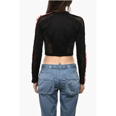 Cropped Zipped Sweatshirt With Mesh Details And Logoed Bands