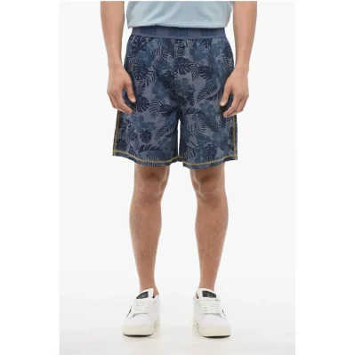 Plant Motif Lightweight Cotton Shorts with Logoed Elastic Ba