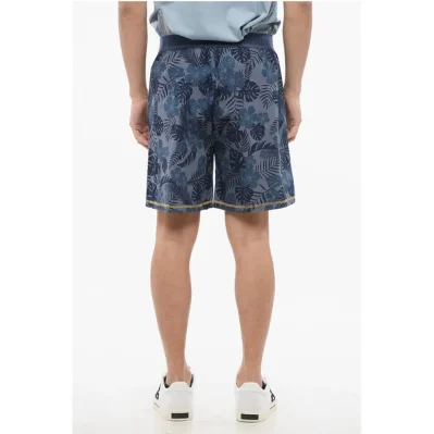 Plant Motif Lightweight Cotton Shorts with Logoed Elastic Ba