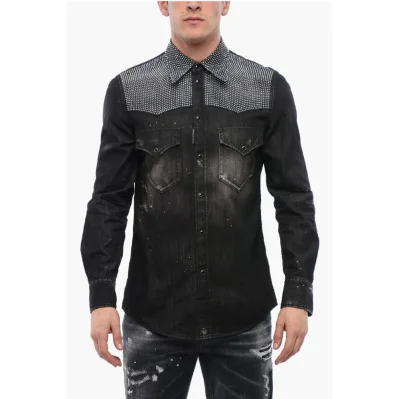 Distressed Denim Shirt with Rhinestones