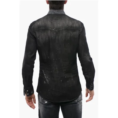 Distressed Denim Shirt with Rhinestones