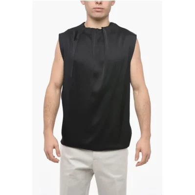 Silk Blend Tank Top with Pleated Neck
