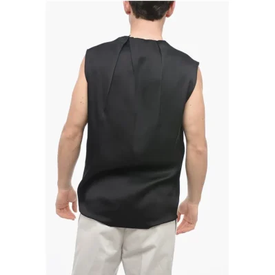 Silk Blend Tank Top with Pleated Neck