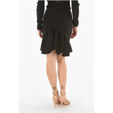 Stretched Wool Godets Miniskirt with Waist Drawstring