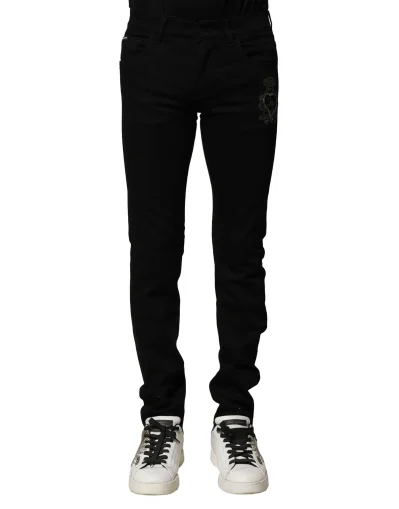 Black Cotton Embroidery Slim Fit Denim Jeans