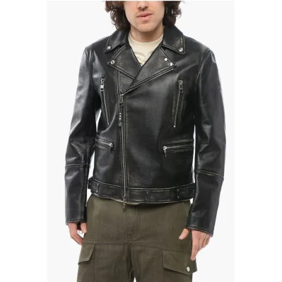 Vintage Effect Leather Biker Jacket