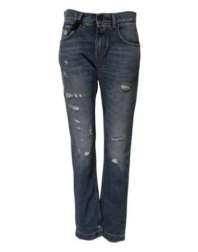 Blue Cotton Tattered Boyfriend Denim Jeans