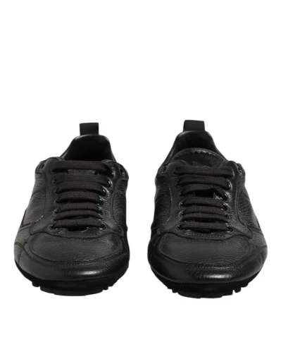 Black Leather Lace Up Low Top Sneakers Shoes