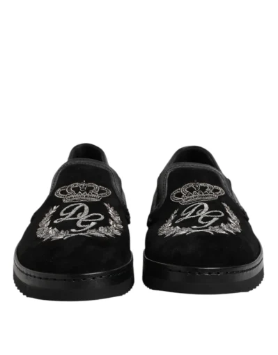 Black Embroidered Crown Loafers Shoes
