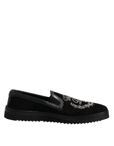 Black Embroidered Crown Loafers Shoes