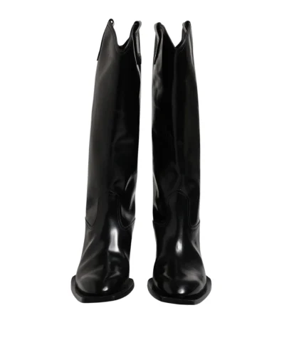 Black Calfskin Leather Logo High Boots Shoes
