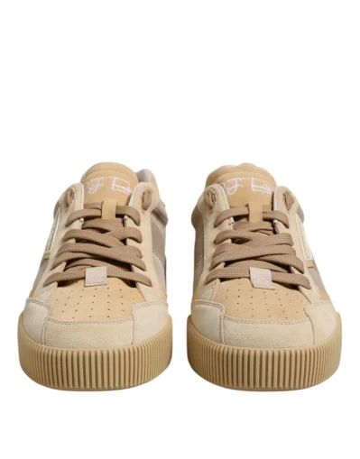 Beige Leather Low Top Lace Up Sneakers Shoes