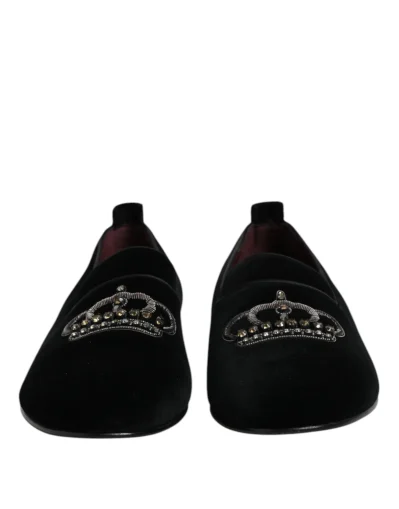 Black Velvet Crystal Crown Loafers Dress Shoes
