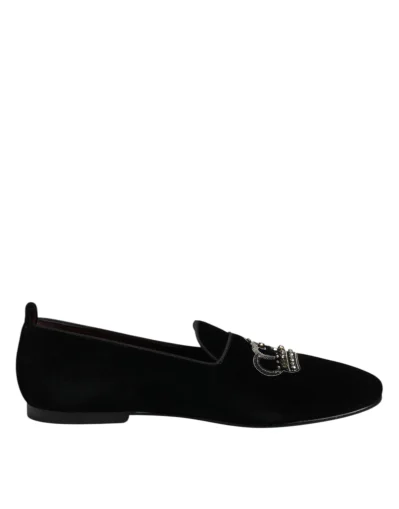 Black Velvet Crystal Crown Loafers Dress Shoes