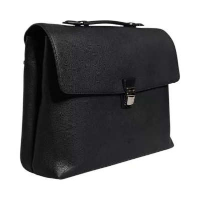 Black Leather Document Briefcase Top Handle Bag