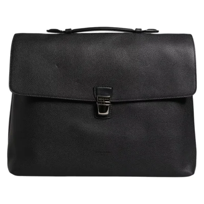 Black Leather Document Briefcase Top Handle Bag