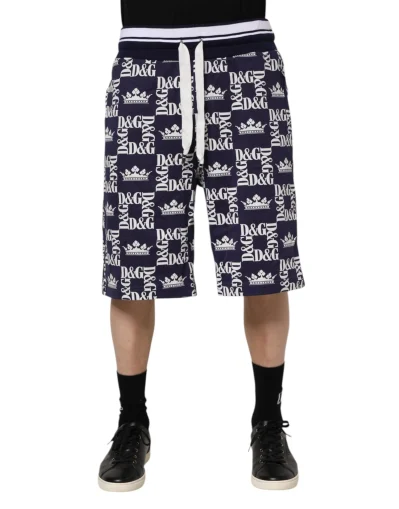 Cotton Blue Crown Logo Print Bermuda Shorts