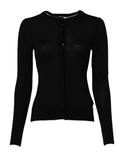 Black Wool Knit Crew Neck Cardigan Sweater