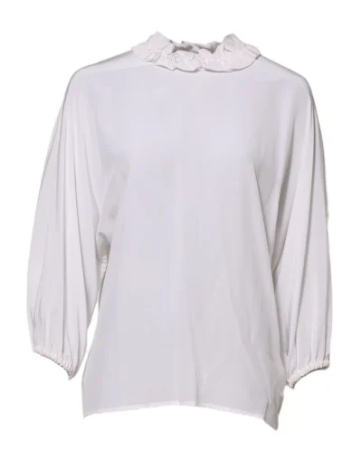 White Ruffled Neckline Blouse Pullover Top