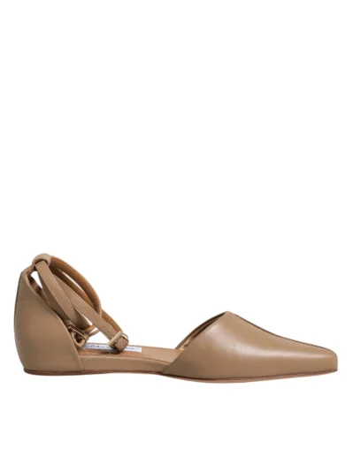 Beige Leather Pointed Toe Sandals Ballet Flat Shoes