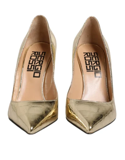 Gold Leather Pointed Toe Block Heels Shoes