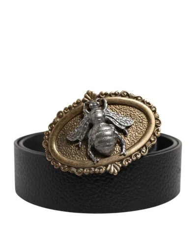 Black Classic Leather Bee Metal Buckle Belt
