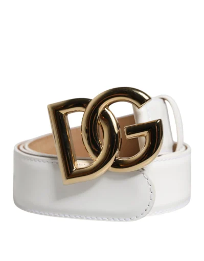 White Calfskin Leather Gold DG Buckle Belt