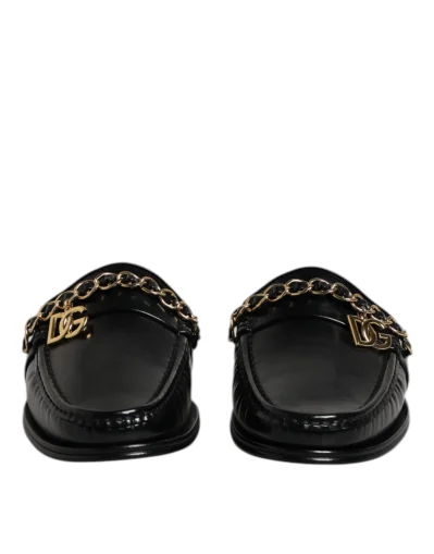 Black Leather DG Chain Embellished Sandals Shoes