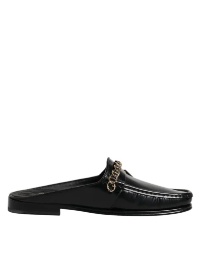 Black Leather DG Chain Embellished Sandals Shoes