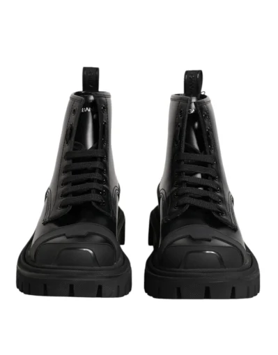 Black Leather Lace Up Mid Calf Boots Shoes