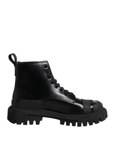 Black Leather Lace Up Mid Calf Boots Shoes
