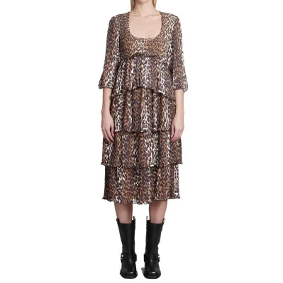Pleated Georgette Leopard Midi Dress