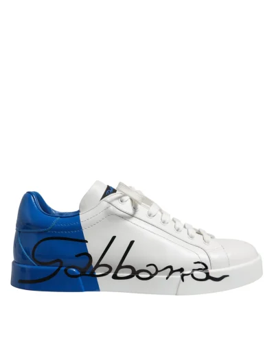 White Blue Leather Logo Low Top Sneakers Shoes