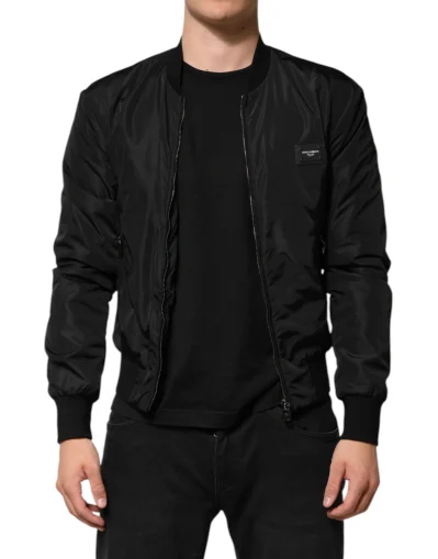 Black Nylon Logo Plaque Men Bomber Jacket