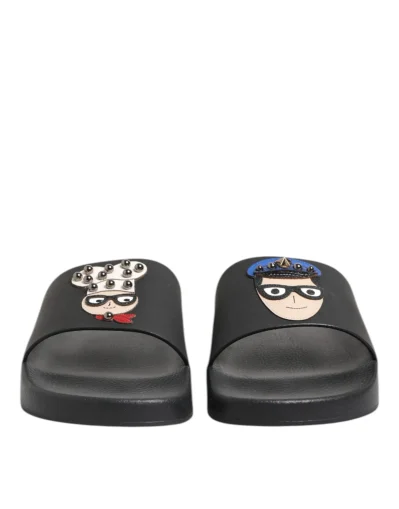 Black Leather Slides Flats Beachwear Shoes