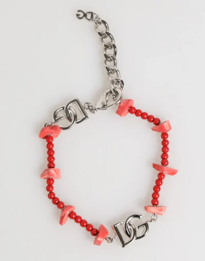 Silver Tone Brass Beaded Resin DG Logo Chain Men Bracelet