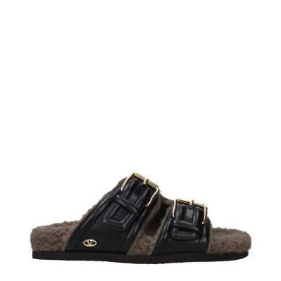Black Leather Slippers Sandals