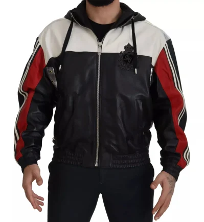 Black Leather Hooded Blouson Jacket
