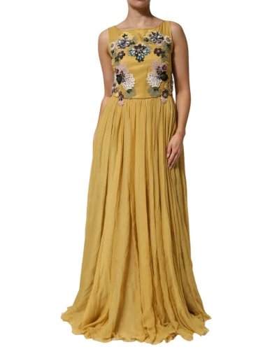 Yellow Silk Floral Embroidered Maxi Dress
